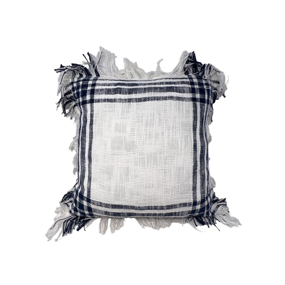 Rizzy Home Decorative Throw Pillow 18 Inch Square White & Navy Plaid Woven Cotto